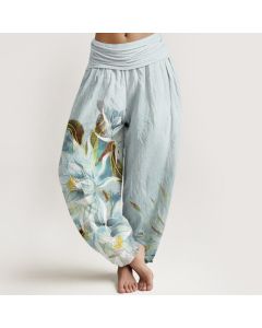 Buddha Stones Cotton Epiphyllum Flowers Design Women's Elastic Waist Harem Pants - Beige / US2，UK/AU6，EU34 (XS)
