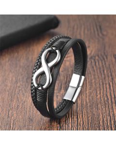Buddha Stones Eternal Endless Knot Infinity Symbol Titanium Steel Calm Leather Buckle Bracelet - Silver(Wrist Circumference: 18-20cm)