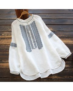 Buddha Stones Ethnic Embroidery Bohemian Pattern Long Sleeve Crew Neck Women's Shirt - Navy / US16，UK/AU20，EU48 (5XL)