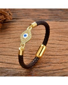 Buddha Stones Evil Eye Protection Leather Metal Buckle Bracelet - Black Evil Eye / 18-22cm