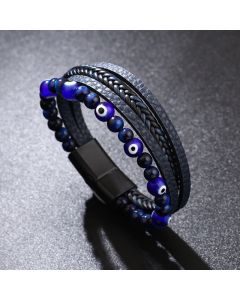 Buddha Stones Evil Eye Tiger Eye Protection Beaded Multilayered Braided Bracelet - Black / 23cm