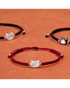 Buddha Stones Faceless Cat Head Red String Shell Connection Bracelet - White Cat Red String