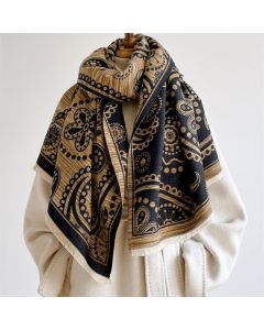 Buddha Stones Fall Baroque Paisley Cashew Flower Pattern Tassel Shawl - Black Gold / 190*70cm