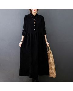 Buddha Stones Fall Buttons Design Long Sleeve Corduroy Midi Dress With Pockets - MidnightBlue / US8-10，UK/AU12-14，EU40-42 (2XL)