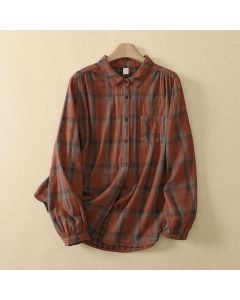 Buddha Stones Fall Casual Classic Plaid Women's Long Sleeve Shirts With Patch Pocket - DarkOliveGreen / US4, UK/AU8, EU36 (L)