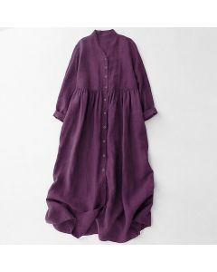 Buddha Stones Fall Casual Minimalist Button-Up Purple Women's Long Sleeve Dress With Pockets - Purple / US4, UK/AU8, EU36 (L)