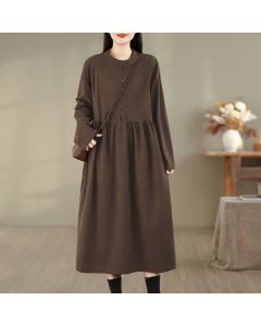Buddha Stones Fall Casual Minimalist Button-Up Solid Crew Neck Women's Long Sleeve Dress With Pocket - SaddleBrown / US4, UK/AU8, EU36 (M)