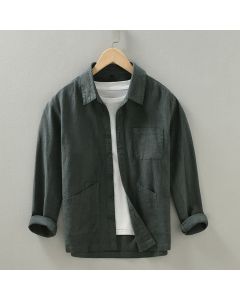 Buddha Stones Fall Casual Minimalist Button-Up Solid Ramie Men's Jacket With Pockets - DimGray / US/UK/AU36，EU46 (L)