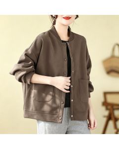 Buddha Stones Fall Casual Minimalist Button-Up Solid Women's Jacket With Pockets - SaddleBrown / US6, UK/AU10, EU38 (M)