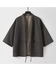 Buddha Stones Fall Casual Minimalist Drawstring Solid Cotton Linen Men's Kimono With Pockets - DimGray / US/UK/AU36，EU46 (L)