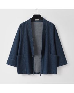 Buddha Stones Fall Casual Minimalist Drawstring Solid Cotton Linen Men's Kimonos With Pocket - Navy / US/UK/AU36，EU46 (L)