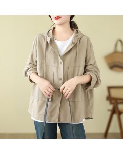 Buddha Stones Fall Casual Minimalist Drawstring Solid Women's Jacket With Pocket - Tan / US8-10, UK/AU12-14, EU40-42 (L)