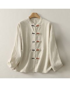 Buddha Stones Fall Casual Tang Style Frog Button Solid Cotton Linen Women's Long Sleeve Shirts - Linen / US4，UK/AU8，EU36 (L)