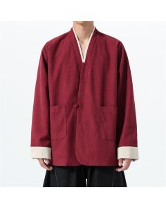 Buddha Stones Fall Casual Tang Style Frog Button V-Neck Solid Men's Jacket With Pockets - Maroon / US/UK/AU36，EU46 (L)