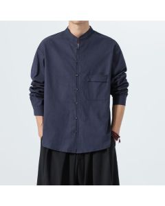 Buddha Stones Fall Casual Tang Style Mandarin Collar Solid Cotton Men's Long Sleeve Shirts - Navy / US/UK/AU36，EU46 (L)