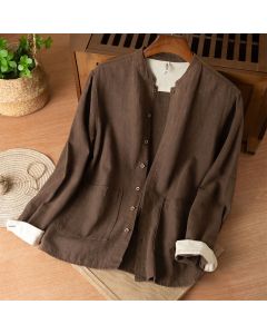 Buddha Stones Fall Casual Tang Style Mandarin Collar Solid Linen Men's Long Sleeve Shirts With Pockets - SaddleBrown / US/UK/AU36，EU46 (L)