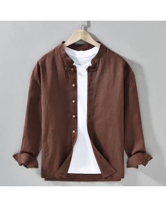 Buddha Stones Fall Casual Tang Style Mandarin Collar Solid Men's Long Sleeve Shirts - SaddleBrown / US/UK/AU36，EU46 (L)