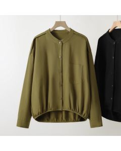 Buddha Stones Fall Casual Tang Style Mandarin Collar Solid Women's Jacket With Patch Pocket - DarkKhaki / US4, UK/AU8, EU36 (L)