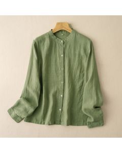 Buddha Stones Fall Casual Tang Style Mandarin Collar Solid Women's Long Sleeve Shirts - DarkSeaGreen / US4, UK/AU8, EU36 (L)