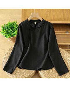 Buddha Stones Fall Casual Vintage Black Tang Style Frog Button Solid Women's Long Sleeve Shirts - Black / US4, UK/AU8, EU36 (L)