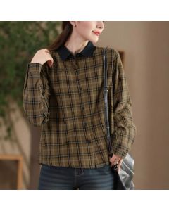 Buddha Stones Fall Casual Vintage Button-Up Contrast Collar Plaid Women's Long Sleeve Shirts - DarkKhaki / US4, UK/AU8, EU36 (L)