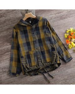 Buddha Stones Fall Casual Vintage Button-Up Drawstring Plaid Women's Hoodies With Pocket - Goldenrod / US4, UK/AU8, EU36 (L)