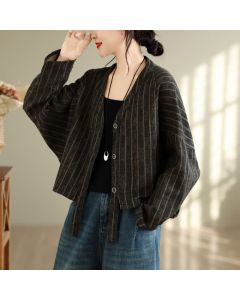 Buddha Stones Fall Casual Vintage Button-Up Drawstring Striped Cropped Women's Jacket - DimGray / US4-8/10, UK/AU8-12/14, EU36-40/42 (F)