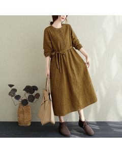 Buddha Stones Fall Casual Vintage Button-Up Floral Women's Long Sleeve Dress With Pocket - Teal / US4, UK/AU8, EU36 (L)