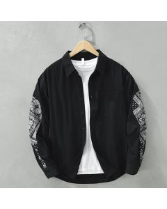 Buddha Stones Fall Casual Vintage Button-Up Paisley Cotton Men's Long Sleeve Shirts With Patch Pocket - Black / US/UK/AU36，EU46 (L)