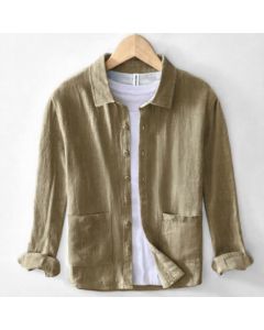 Buddha Stones Fall Casual Vintage Button-Up Patch Solid Ramie Men's Long Sleeve Shirts With Pocket - Tan / US/UK/AU36,EU46 (L)