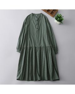 Buddha Stones Fall Casual Vintage Button-Up Plaid Women's Long Sleeve Dress - DarkSeaGreen / US4, UK/AU8, EU36 (L)