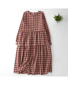 Buddha Stones Fall Casual Vintage Button-Up Red Plaid Tiered Women's Long Sleeve Dress With Pocket - IndianRed / US4, UK/AU8, EU36 (M)