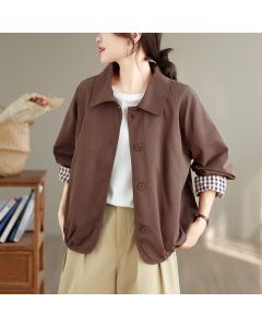 Buddha Stones Fall Casual Vintage Button-Up Solid Checkered Pattern Women's Jacket With Pockets - Sienna / US8-10, UK/AU12-14, EU40-42 (L)