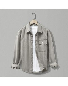 Buddha Stones Fall Casual Vintage Button-Up Solid Cotton Men's Long Sleeve Shirts With Pocket - DarkKhaki / US/UK/AU36, EU46 (L)