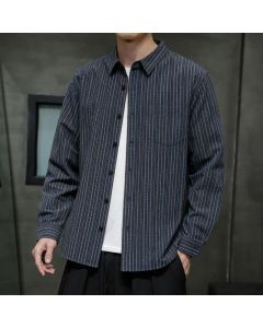 Buddha Stones Fall Casual Vintage Button-Up Striped Cotton Men's Long Sleeve Shirts With Patch Pocket - MidnightBlue / US/UK/AU36, EU46 (L)