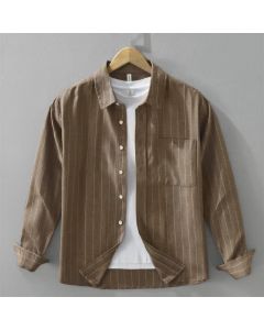 Buddha Stones Fall Casual Vintage Button-Up Striped Cotton Men's Long Sleeve Shirts With Pocket - SaddleBrown / US/UK/AU36，EU46 (L)