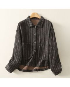 Buddha Stones Fall Casual Vintage Button-Up Striped Women's Jacket With Pockets - DimGray / US4-12, UK/AU8-16, EU36-44 (F)