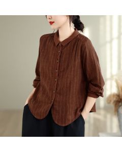 Buddha Stones Fall Casual Vintage Button-Up Striped Women's Long Sleeve Shirts - Sienna / US4, UK/AU8, EU36 (L)
