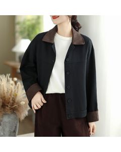 Buddha Stones Fall Casual Vintage Contrast Trim Design Button-Up Solid Women's Jacket - Black / US4, UK/AU8, EU36 (L)