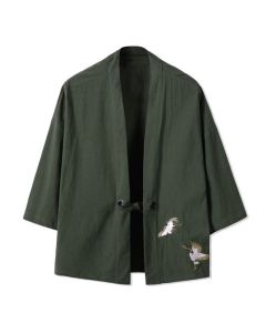 Buddha Stones Fall Casual Vintage Embroidery Crane Cotton Linen Men's Kimonos - Sienna / US/UK/AU48，EU58(5XL)