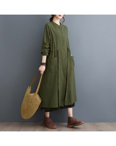 Buddha Stones Fall Casual Vintage Mandarin Collar Button-Up Solid Lace-up Women's Long Sleeve Dress With Pockets - DarkOliveGreen / US4-8/10, UK/AU8-12/14, EU36-40/42 (F)