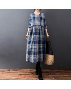 Buddha Stones Fall Casual Vintage Plaid Women's Long Sleeve Dress With Pockets - SteelBlue / US6, UK/AU10, EU38 (M)