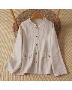 Buddha Stones Fall Casual Vintage Tang Style Button-Up Solid Women's Long Sleeve Shirts With Pockets - Beige / US4, UK/AU8, EU36 (L)