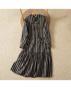 Buddha Stones Fall Casual Vintage Tang Style Mandarin Collar Drawstring Striped Women's Long Sleeve Dress With Pockets - DimGray / US4，UK/AU8，EU36 (M)