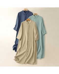 Buddha Stones Fall Commute Plain Buttons Design Long Sleeve Knee Length Dress With Pockets - MediumAquamarine / US4，UK/AU8，EU36 (L)
