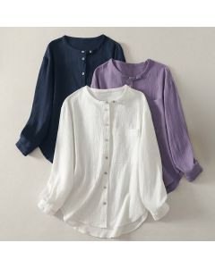 Buddha Stones Fall Crew Collar Long Sleeve Women's Polyester Shirt With Pockets - Snow / US8-10，UK/AU12-14，EU40-42 (2XL)
