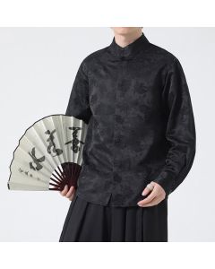 Buddha Stones Fall Elegant Tang Style Mandarin Collar Floral Men's Long Sleeve Shirts - Black / US/UK/AU36,EU46 (L)