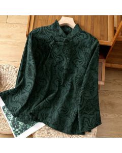 Buddha Stones Fall Elegant Tang Style Mandarin Collar Pankou Floral Women's Long Sleeve Shirts - DarkGreen / US4, UK/AU8, EU36 (L)