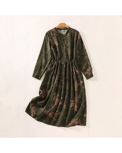 Buddha Stones Fall Elegant Vintage Button-Up Floral Women's Long Sleeve Dress With Pockets - DarkOliveGreen / US4, UK/AU8, EU36 (M)
