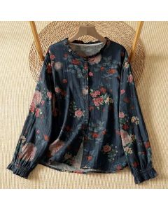 Buddha Stones Fall Elegant Vintage Tang Style Button-Up Mandarin Collar Floral Women's Long Sleeve Shirts - RosyBrown / US4-8/10, UK/AU8-12/14, EU36-40/42 (F)